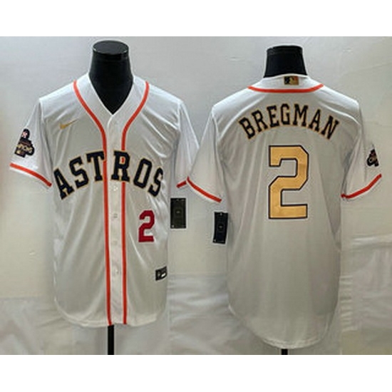 Men's Houston Astros #2 Alex Bregman Number 2023 White Gold World Serise Champions Patch Cool Base Stitched Jerseys Men's Houston Astros #2 Alex Bregman Number 2023 White Gold World Serise Champions Patch Cool Base Stitched Jerseys