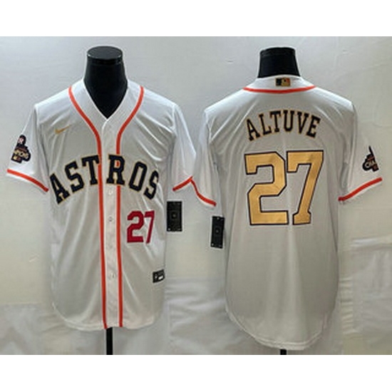 Mens Houston Astros #27 Jose Altuve Number 2023 White Gold World Serise Champions Patch Cool Base Stitched Jersey Mens Houston Astros #27 Jose Altuve Number 2023 White Gold World Serise Champions Patch Cool Base Stitched Jersey