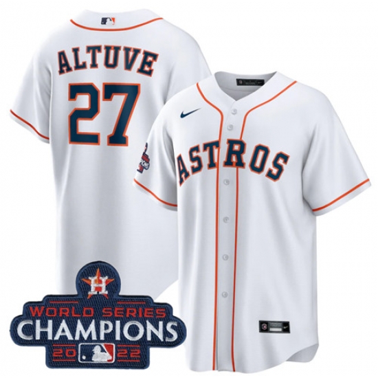 Men's Houston Astros #27 Jose Altuve White 2022 World Series Champions Home Stitched Baseball Jersey Men's Houston Astros #27 Jose Altuve White 2022 World Series Champions Home Stitched Baseball Jersey