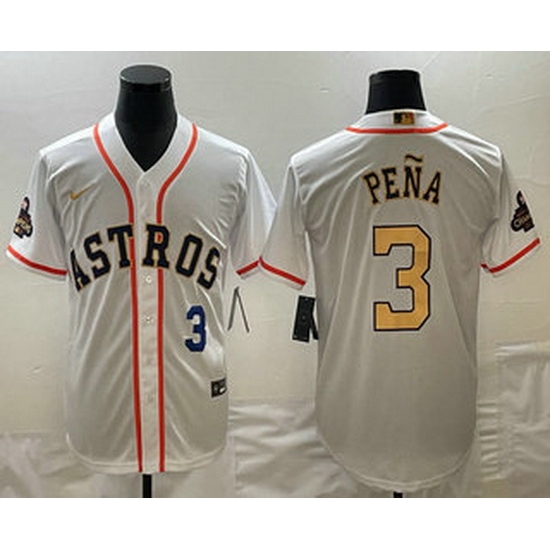Mens Houston Astros #3 Jeremy Pena 2023 White Gold World Serise Champions Patch Cool Base Stitched Jersey Mens Houston Astros #3 Jeremy Pena 2023 White Gold World Serise Champions Patch Cool Base Stitched Jersey