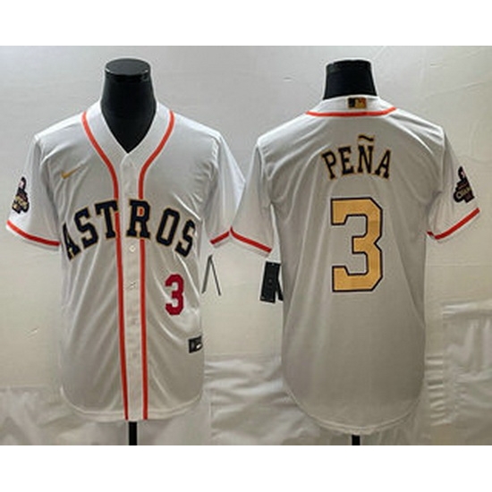 Men's Houston Astros #3 Jeremy Pena 2023 White Gold World Serise Champions Patch Cool Base Stitched Jerseys Men's Houston Astros #3 Jeremy Pena 2023 White Gold World Serise Champions Patch Cool Base Stitched Jerseys