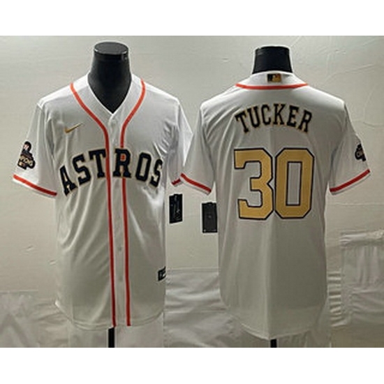 Men's Houston Astros #30 Kyle Tucker 2023 White Gold World Serise Champions Patch Cool Base Stitched Jersey Men's Houston Astros #30 Kyle Tucker 2023 White Gold World Serise Champions Patch Cool Base Stitched Jersey