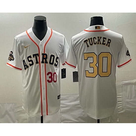 Men's Houston Astros #30 Kyle Tucker Number 2023 White Gold World Serise Champions Patch Cool Base Stitched Jerseys Men's Houston Astros #30 Kyle Tucker Number 2023 White Gold World Serise Champions Patch Cool Base Stitched Jerseys