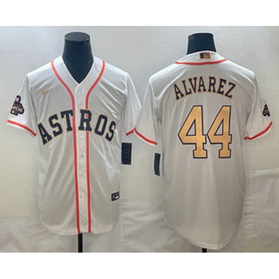 Men's Houston Astros #44 Yordan Alvarez 2023 White Gold World Serise Champions Patch Cool Base Stitched Jersey Men's Houston Astros #44 Yordan Alvarez 2023 White Gold World Serise Champions Patch Cool Base Stitched Jersey