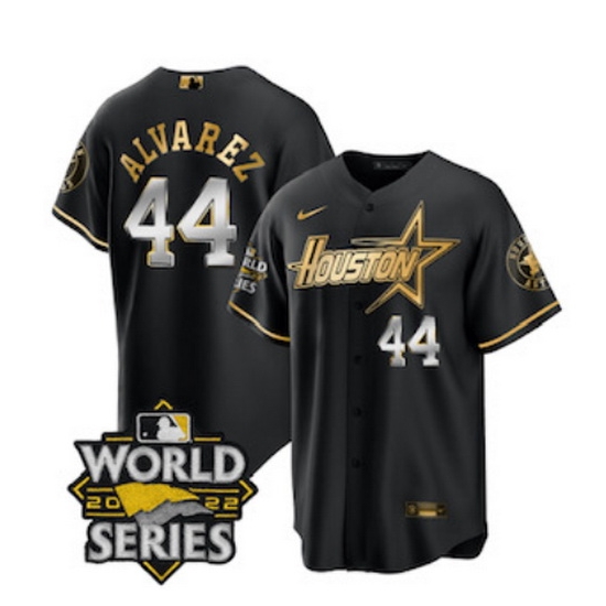 Men's Houston Astros #44 Yordan Alvarez Black Gold 2022 World Series Stitched Baseball Jersey Men's Houston Astros #44 Yordan Alvarez Black Gold 2022 World Series Stitched Baseball Jersey