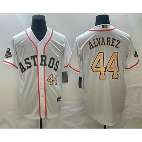Men's Houston Astros #44 Yordan Alvarez Number 2023 White Gold World Serise Champions Patch Cool Base Stitched Jersey 2 Men's Houston Astros #44 Yordan Alvarez Number 2023 White Gold World Serise Champions Patch Cool Base Stitched Jersey 2