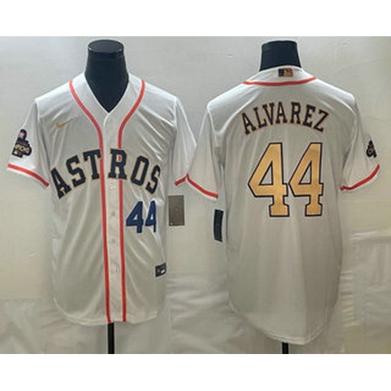 Mens Houston Astros #44 Yordan Alvarez Number 2023 White Gold World Serise Champions Patch Cool Base Stitched Jersey Mens Houston Astros #44 Yordan Alvarez Number 2023 White Gold World Serise Champions Patch Cool Base Stitched Jersey