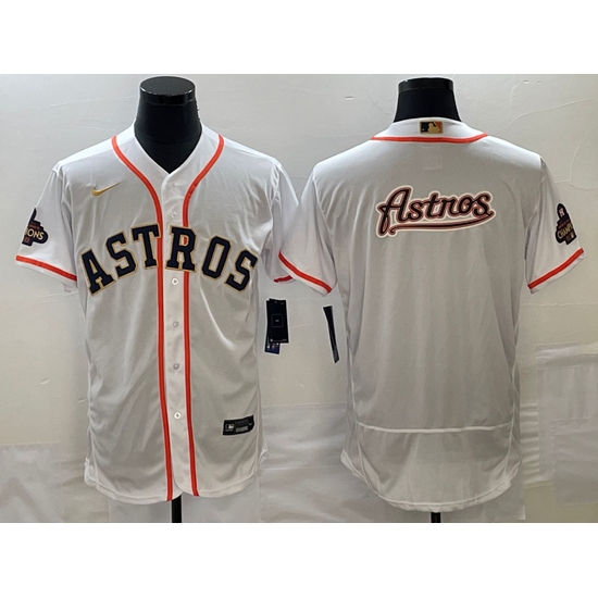 Men's Houston Astros Big Logo 2023 White Gold World Serise Champions Patch Flex Base Stitched Jersey1 Men's Houston Astros Big Logo 2023 White Gold World Serise Champions Patch Flex Base Stitched Jersey1