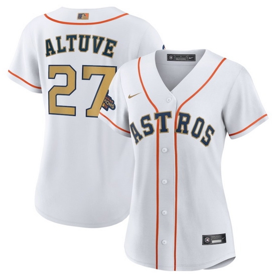 Women Houston Astros 27 Jose Altuve White 2023 Gold Collection With World Serise Champions Patch Stitched Jersey Women Houston Astros 27 Jose Altuve White 2023 Gold Collection With World Serise Champions Patch Stitched Jersey