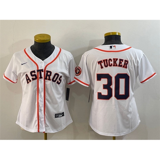 Women Houston Astros 30 Kyle Tucker White With Patch Cool Base Stitched Baseball Jersey Women Houston Astros 30 Kyle Tucker White With Patch Cool Base Stitched Baseball Jersey
