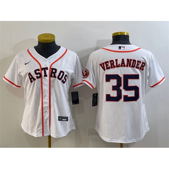 Women Houston Astros 35 Justin Verlander White With Patch Cool Base Stitched Baseball Jersey Women Houston Astros 35 Justin Verlander White With Patch Cool Base Stitched Baseball Jersey