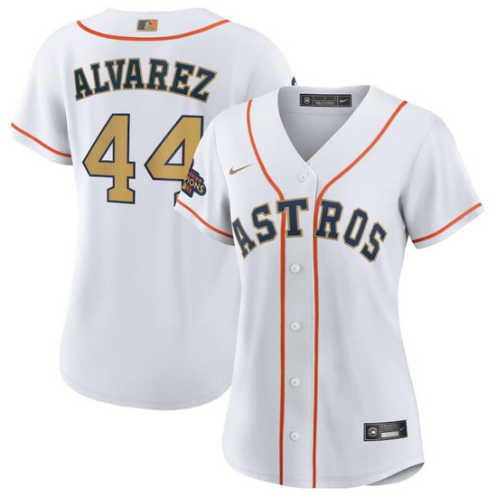 Women Houston Astros 44 Yordan Alvarez White 2023 Gold Collection With World Serise Champions Patch Stitched Jersey Women Houston Astros 44 Yordan Alvarez White 2023 Gold Collection With World Serise Champions Patch Stitched Jersey
