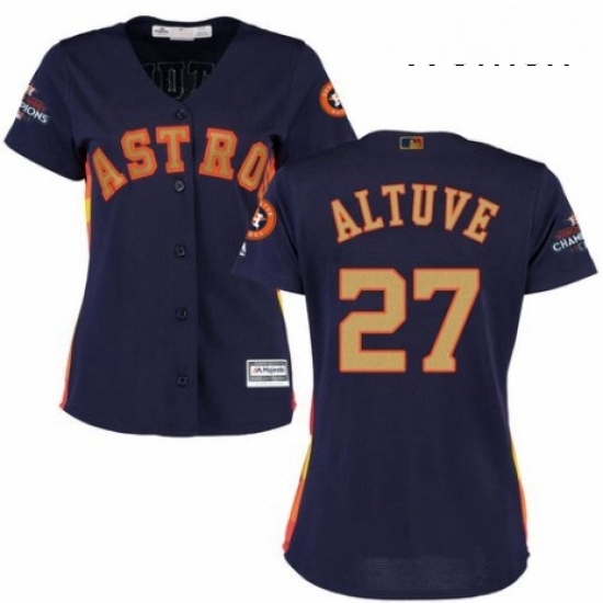Womens Majestic Houston Astros 27 Jose Altuve Authentic Navy Blue Alternate 2018 Gold Program Cool Base MLB Jersey Womens Majestic Houston Astros 27 Jose Altuve Authentic Navy Blue Alternate 2018 Gold Program Cool Base MLB Jersey