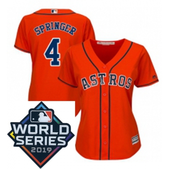 Womens Majestic Houston Astros 4 George Springer Orange Alternate Cool Base Sitched 2019 World Series Patch Jersey Womens Majestic Houston Astros 4 George Springer Orange Alternate Cool Base Sitched 2019 World Series Patch Jersey