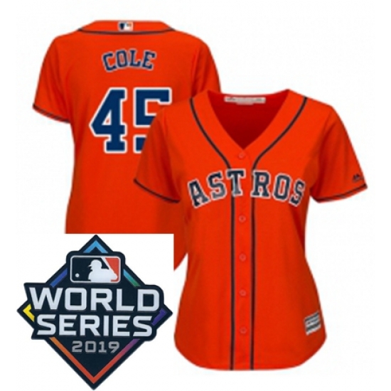Womens Majestic Houston Astros 45 Gerrit Cole Orange Alternate Cool Base Sitched 2019 World Series Patch jersey Womens Majestic Houston Astros 45 Gerrit Cole Orange Alternate Cool Base Sitched 2019 World Series Patch jersey