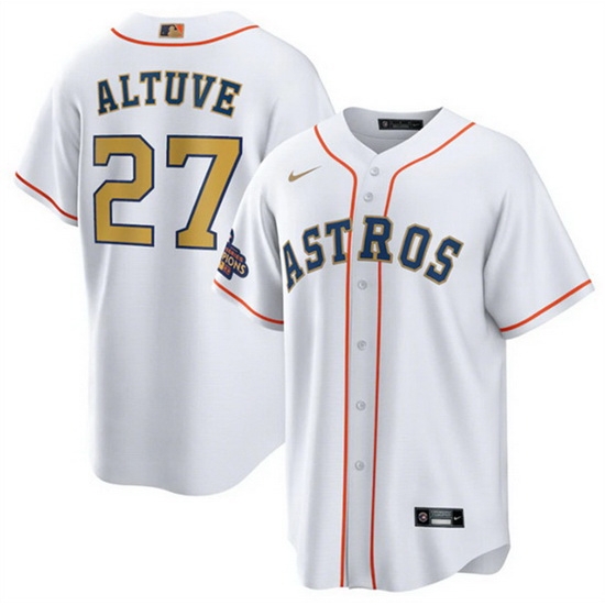 Youth Houston Astros 27 Jose Altuve White 2023 Gold Collection With World Serise Champions Patch Cool Base Stitched Baseball Jersey Youth Houston Astros 27 Jose Altuve White 2023 Gold Collection With World Serise Champions Patch Cool Base Stitched Baseball Jersey