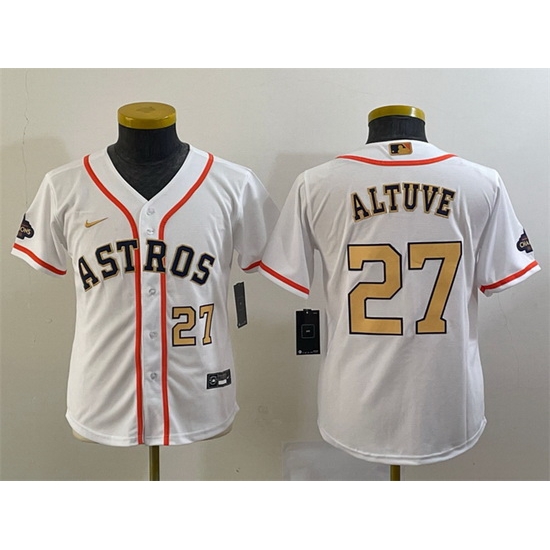 Youth Houston Astros 27 Jose Altuve White 2023 Gold Collection With World Serise Champions Patch Stitched Baseball Jersey Youth Houston Astros 27 Jose Altuve White 2023 Gold Collection With World Serise Champions Patch Stitched Baseball Jersey