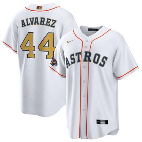 Youth Houston Astros 44 Yordan Alvarez White 2023 Gold Collection With World Serise Champions Patch Stitched Baseball Jersey Youth Houston Astros 44 Yordan Alvarez White 2023 Gold Collection With World Serise Champions Patch Stitched Baseball Jersey