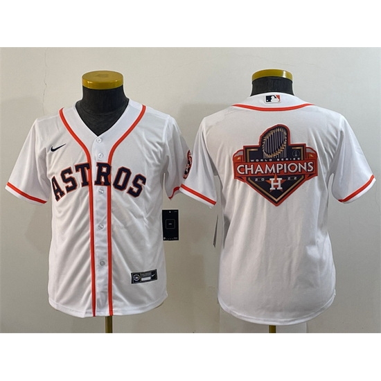 Youth Houston Astros White 2022 World Series Champions Team Big Logo With Patch Cool Base Stitched Jersey Youth Houston Astros White 2022 World Series Champions Team Big Logo With Patch Cool Base Stitched Jersey
