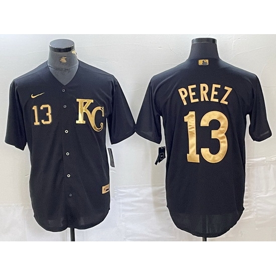 Men Kansas City Royals 13 Salvador Perez Black Gold Cool Base Stitched Jersey 2 Men Kansas City Royals 13 Salvador Perez Black Gold Cool Base Stitched Jersey 2