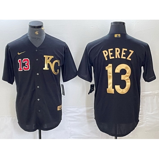 Men Kansas City Royals 13 Salvador Perez Black Gold Cool Base Stitched Jersey5 Men Kansas City Royals 13 Salvador Perez Black Gold Cool Base Stitched Jersey5