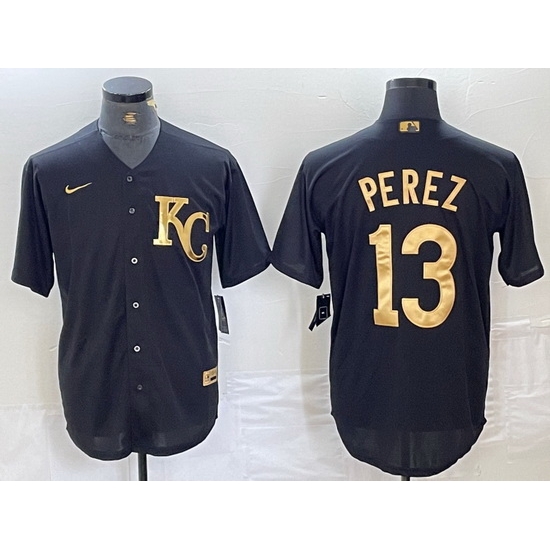 Men Kansas City Royals 13 Salvador Perez Black Gold Cool Base Stitched Jersey Men Kansas City Royals 13 Salvador Perez Black Gold Cool Base Stitched Jersey