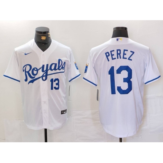 Men Kansas City Royals 13 Salvador Perez White Cool Base Stitched Jersey 1 Men Kansas City Royals 13 Salvador Perez White Cool Base Stitched Jersey 1