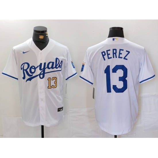 Men Kansas City Royals 13 Salvador Perez White Cool Base Stitched Jersey 2 Men Kansas City Royals 13 Salvador Perez White Cool Base Stitched Jersey 2
