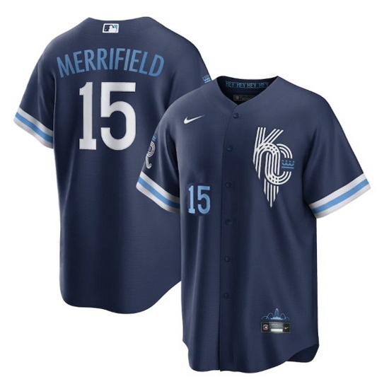 Men Kansas City Royals 15 Whit Merrifield 2022 Navy City Connect Cool Base Stitched Jerse Men Kansas City Royals 15 Whit Merrifield 2022 Navy City Connect Cool Base Stitched Jerse