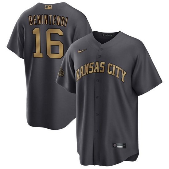 Men Kansas City Royals 16 Andrew Benintendi 2022 All Star Charcoal Cool Base Stitched Baseball Jersey Men Kansas City Royals 16 Andrew Benintendi 2022 All Star Charcoal Cool Base Stitched Baseball Jersey