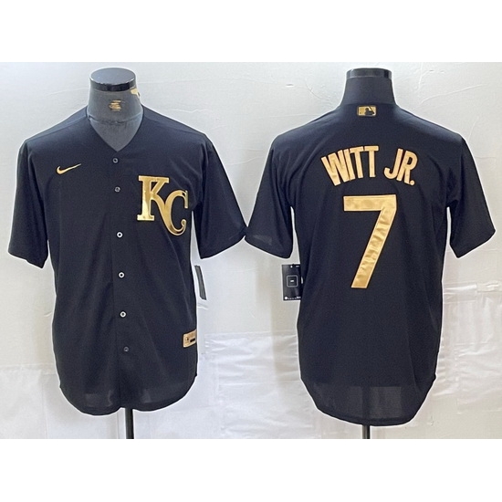 Men Kansas City Royals 7 Bobby Witt Jr Black Cool Base Stitched Jersey 2 Men Kansas City Royals 7 Bobby Witt Jr Black Cool Base Stitched Jersey 2