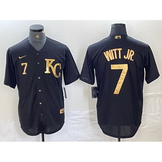 Men Kansas City Royals 7 Bobby Witt Jr Black Cool Base Stitched Jersey 4 Men Kansas City Royals 7 Bobby Witt Jr Black Cool Base Stitched Jersey 4