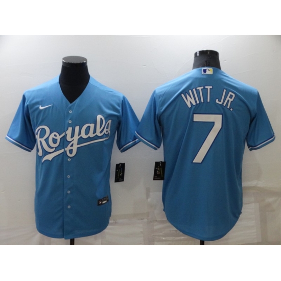 Men Kansas City Royals 7 Bobby Witt Jr Light Blue Cool Base Stitched Jerse Men Kansas City Royals 7 Bobby Witt Jr Light Blue Cool Base Stitched Jerse