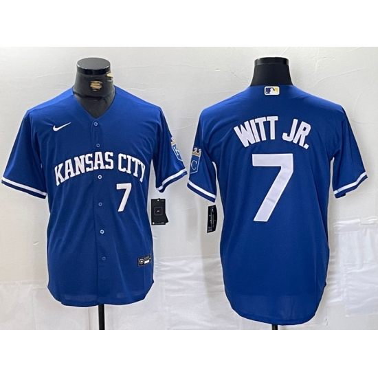 Men Kansas City Royals 7 Bobby Witt Jr Royal Cool Base Stitched Baseball Jersey 1 Men Kansas City Royals 7 Bobby Witt Jr Royal Cool Base Stitched Baseball Jersey 1