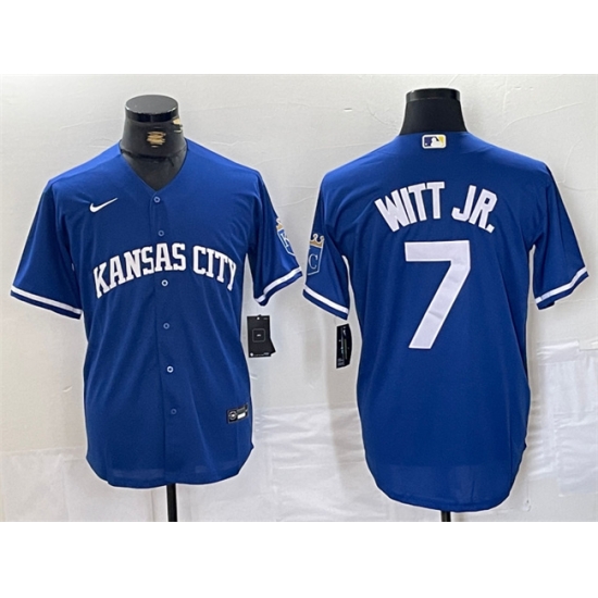 Men Kansas City Royals 7 Bobby Witt Jr Royal Cool Base Stitched Baseball Jersey Men Kansas City Royals 7 Bobby Witt Jr Royal Cool Base Stitched Baseball Jersey