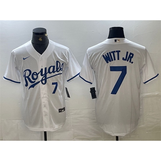 Men Kansas City Royals 7 Bobby Witt Jr White With Patch Cool Base Stitched Baseball Jersey Men Kansas City Royals 7 Bobby Witt Jr White With Patch Cool Base Stitched Baseball Jersey