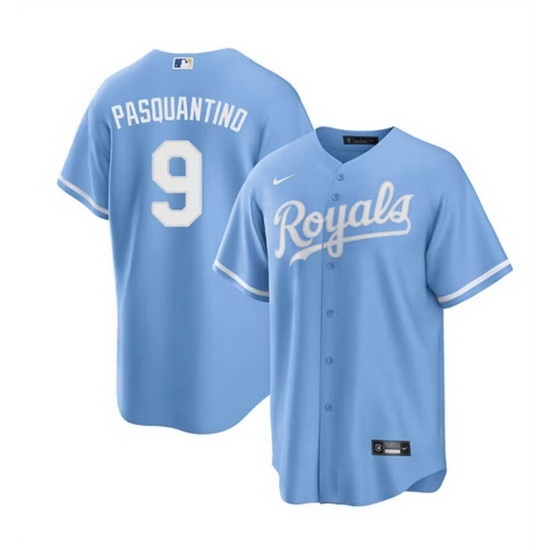 Men Kansas City Royals 9 Vinnie Pasquantino Blue Cool Base Stitched Baseball Jersey Men Kansas City Royals 9 Vinnie Pasquantino Blue Cool Base Stitched Baseball Jersey