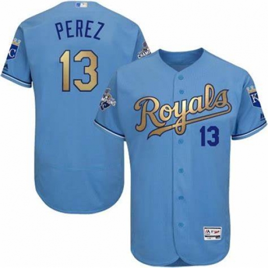 Men Majestic Kansas City Royals 13 Salvador Perez Authentic Light Blue 2015 World Series Champions Gold Program Cool Base MLB Jersey Men Majestic Kansas City Royals 13 Salvador Perez Authentic Light Blue 2015 World Series Champions Gold Program Cool Base MLB Jersey
