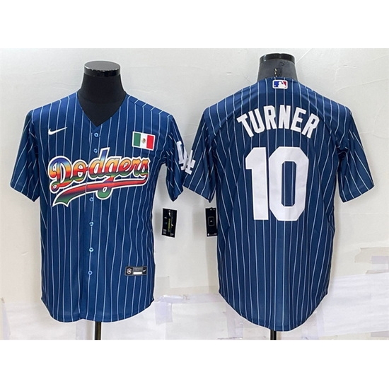 Men Los Angeles Dodgers 10 Justin Turner Navy Mexico Rainbow Cool Base Stitched Baseball Jersey