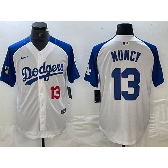 Men Los Angeles Dodgers 13 Max Muncy White Blue Vin Patch Cool Base Stitched Baseball Jersey