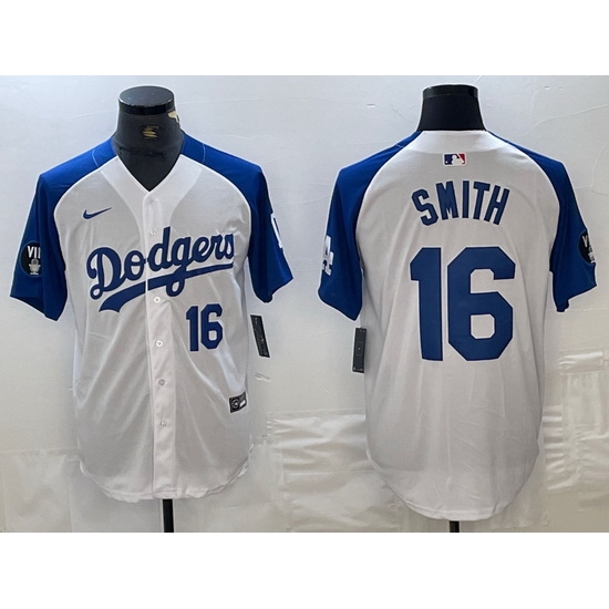 Men Los Angeles Dodgers 16 Will Smith White Blue Vin Patch Cool Base Stitched Baseball Jersey 8 Men Los Angeles Dodgers 16 Will Smith White Blue Vin Patch Cool Base Stitched Baseball Jersey 8