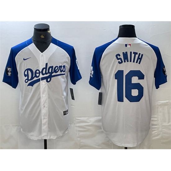 Men Los Angeles Dodgers 16 Will Smith White Blue Vin Patch Cool Base Stitched Baseball Jersey Men Los Angeles Dodgers 16 Will Smith White Blue Vin Patch Cool Base Stitched Baseball Jersey