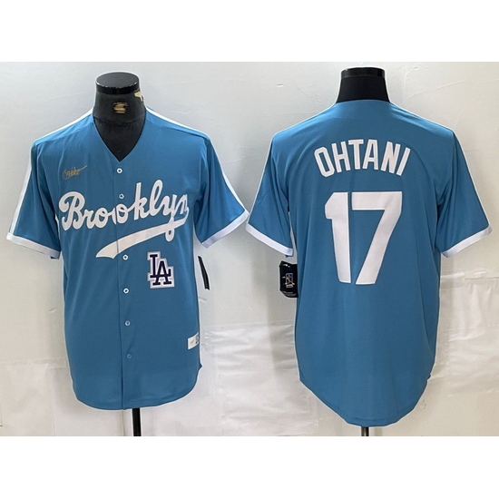 Men Los Angeles Dodgers 17 Shohei Ohtani Light Blue Throwback Cool Base Stitched Baseball Jerseys