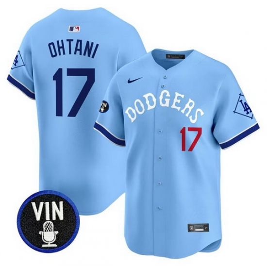 Men Los Angeles Dodgers 17 Shohei Ohtani Light Blue With Vin Patch Limited Stitched Baseball Jersey Men Los Angeles Dodgers 17 Shohei Ohtani Light Blue With Vin Patch Limited Stitched Baseball Jersey