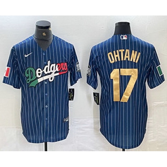 Men Los Angeles Dodgers 17 Shohei Ohtani Mexico Blue Gold Pinstripe Cool Base Stitched Jersey Men Los Angeles Dodgers 17 Shohei Ohtani Mexico Blue Gold Pinstripe Cool Base Stitched Jersey