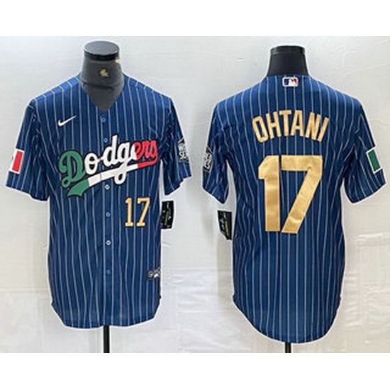 Men Los Angeles Dodgers 17 Shohei Ohtani Number Mexico Blue Gold Pinstripe Cool Base Stitched Jersey Men Los Angeles Dodgers 17 Shohei Ohtani Number Mexico Blue Gold Pinstripe Cool Base Stitched Jersey