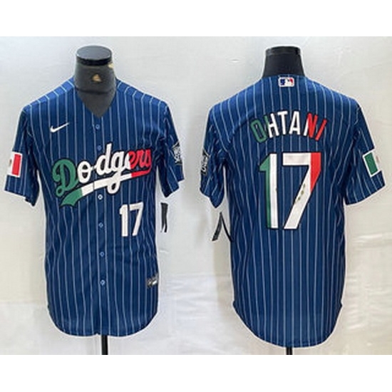 Men Los Angeles Dodgers 17 Shohei Ohtani Number Mexico Blue Pinstripe Cool Base Stitched Jerseys Men Los Angeles Dodgers 17 Shohei Ohtani Number Mexico Blue Pinstripe Cool Base Stitched Jerseys