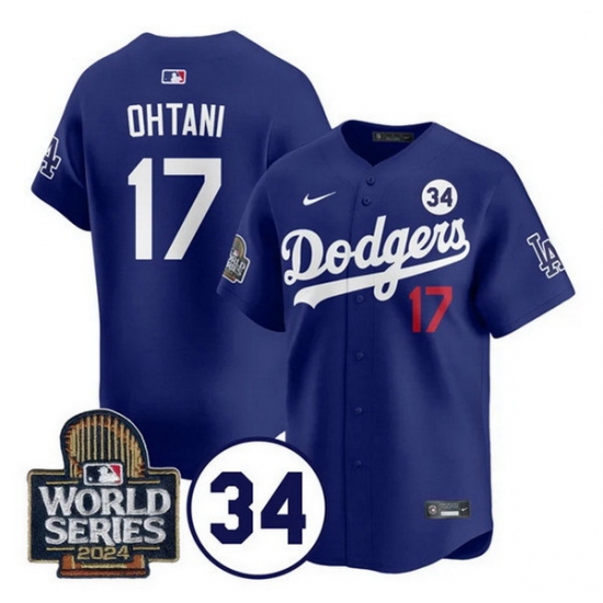Men Los Angeles Dodgers 17 Shohei Ohtani Royal 2024 World Series With No 34 Patch Limited Stitched Baseball Jersey Men Los Angeles Dodgers 17 Shohei Ohtani Royal 2024 World Series With No 34 Patch Limited Stitched Baseball Jersey