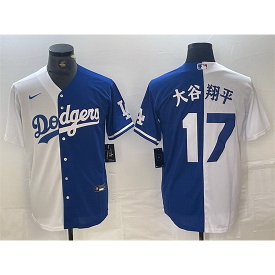 Men Los Angeles Dodgers 17 Shohei Ohtani White Blue Split Cool Base Stitched Baseball Jersey Men Los Angeles Dodgers 17 Shohei Ohtani White Blue Split Cool Base Stitched Baseball Jersey