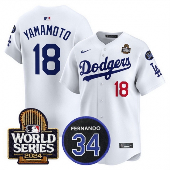 Men Los Angeles Dodgers 18 Yoshinobu Yamamoto White 2024 World Series With Fernando Memorial Patch Limited Stitched Baseball Jersey Men Los Angeles Dodgers 18 Yoshinobu Yamamoto White 2024 World Series With Fernando Memorial Patch Limited Stitched Baseball Jersey